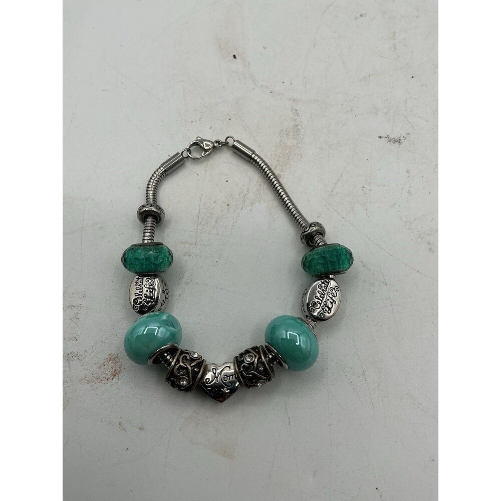 Mom Celebrate Life Green Aqua European Charm Bracelet Glass Beads 8”